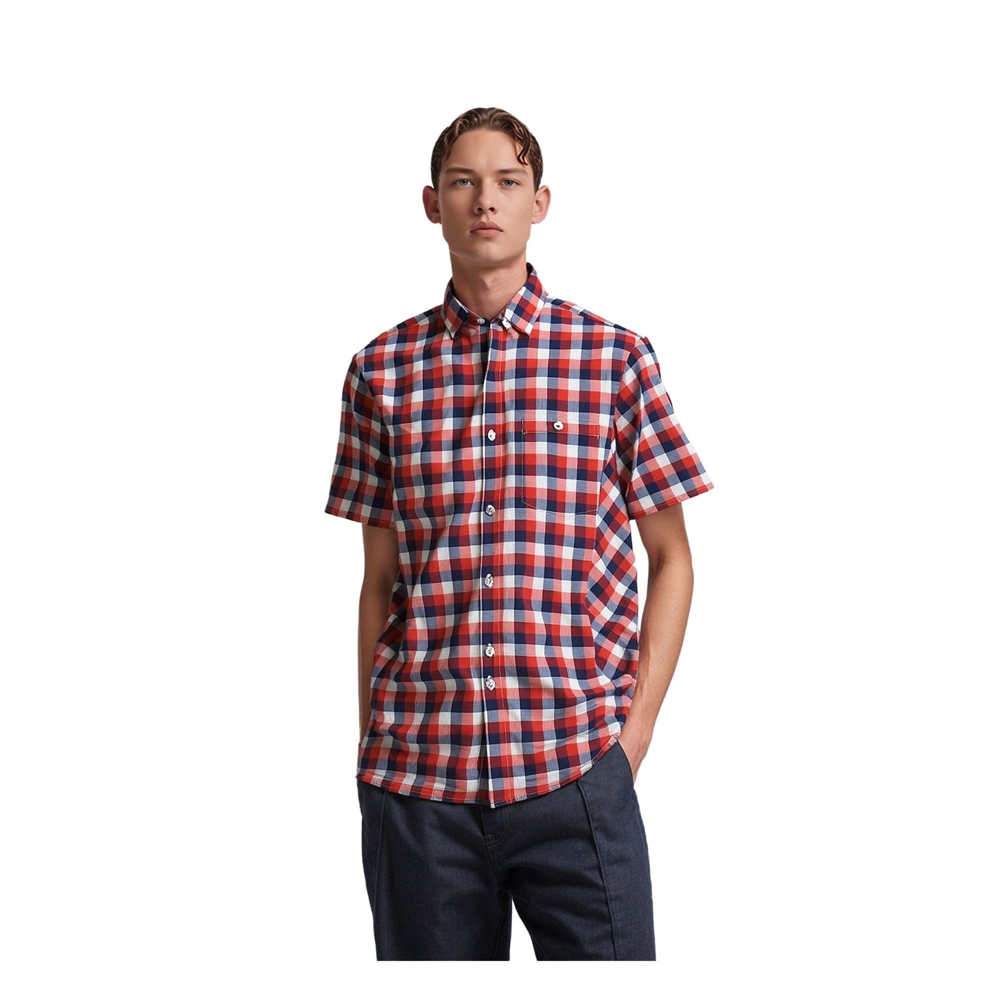 Ted Baker Ted Baker London Shirt Medium Men’s Red Navy White Check Cotton Short Sleeve shirt RewearableUK