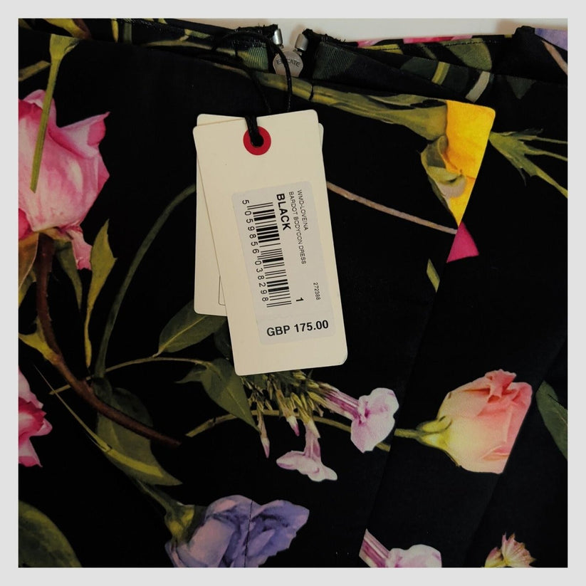 Ted Baker Lovina Black Floral Bardot Bodycon Dress BNWT Size 1 RRP £175 by Ted Baker – DRESSING | RewearableUK