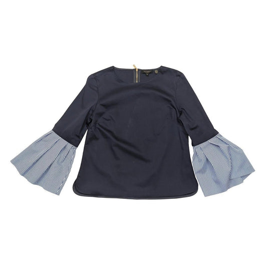 Ted Baker Top Size 2 UK 10 Navy Blue Bell Sleeve Stripe Cuff Gold Zip Blouse Shi by Ted Baker – | RewearableUK