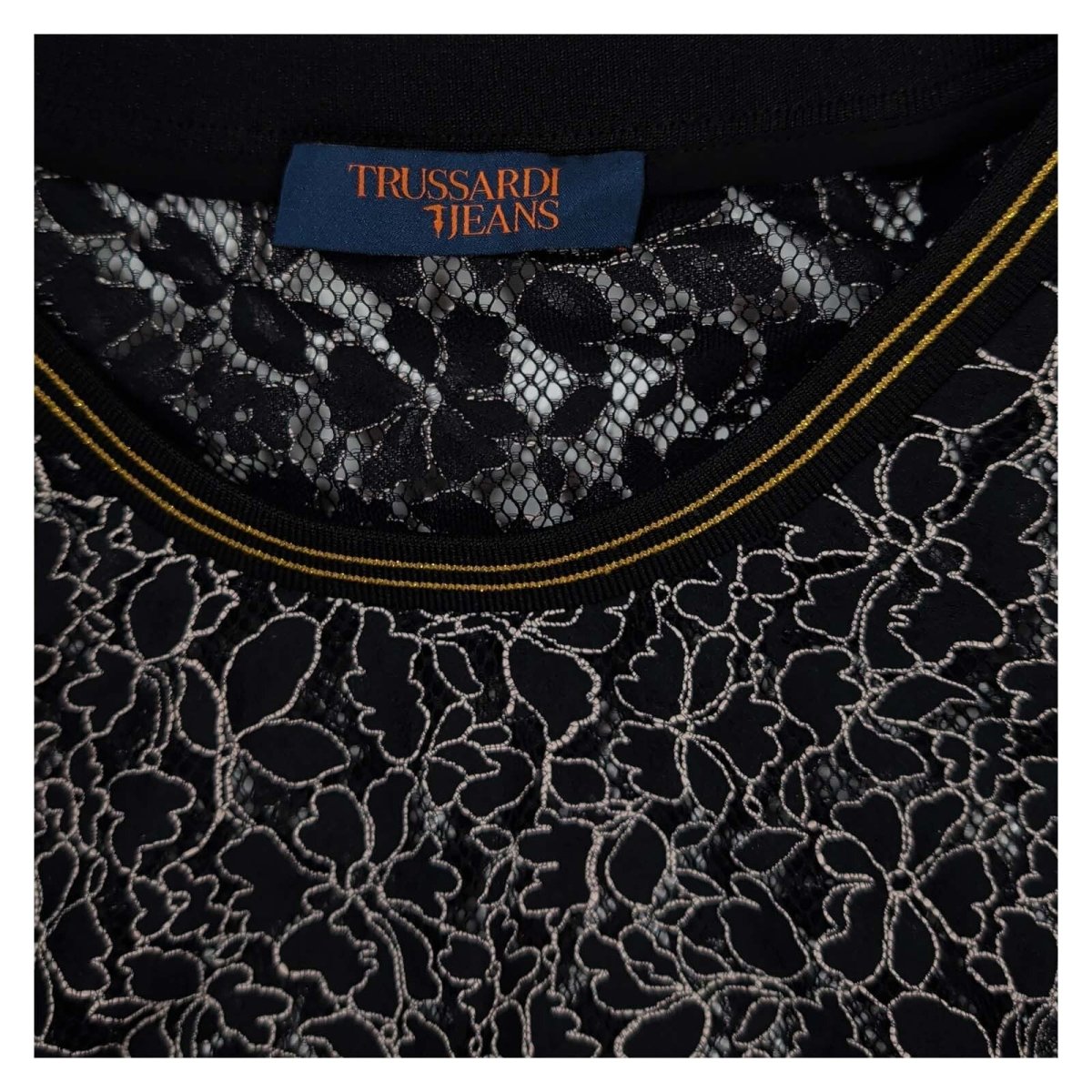 Trussardi Jeans Women's Black Floral Lace Top M Gold Trim Long Sleeve – product photo 5 | RewearableUK