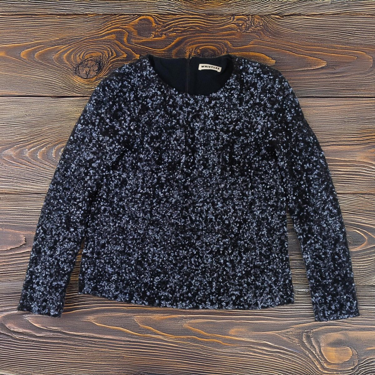 Whistles Sequin Jacket UK 6 XS Navy Blue Black Embellished Evening Blazer by Whistles – | RewearableUK