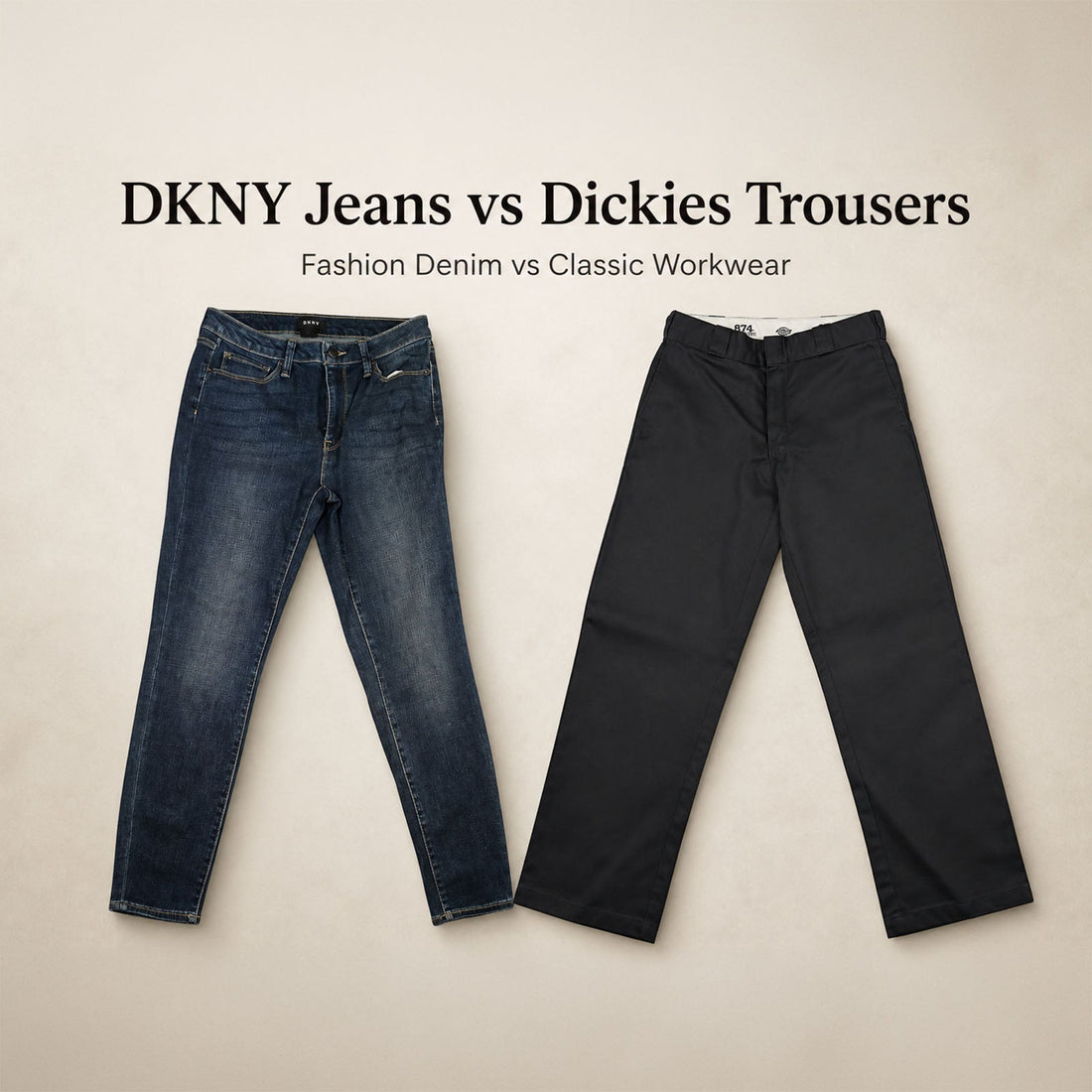 Discover how to combine sustainable fashion and practical workwear. Compare vintage DKNY light blue jeans and classic Dickies trousers for your everyday style.