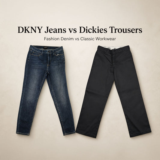 Discover how to combine sustainable fashion and practical workwear. Compare vintage DKNY light blue jeans and classic Dickies trousers for your everyday style.