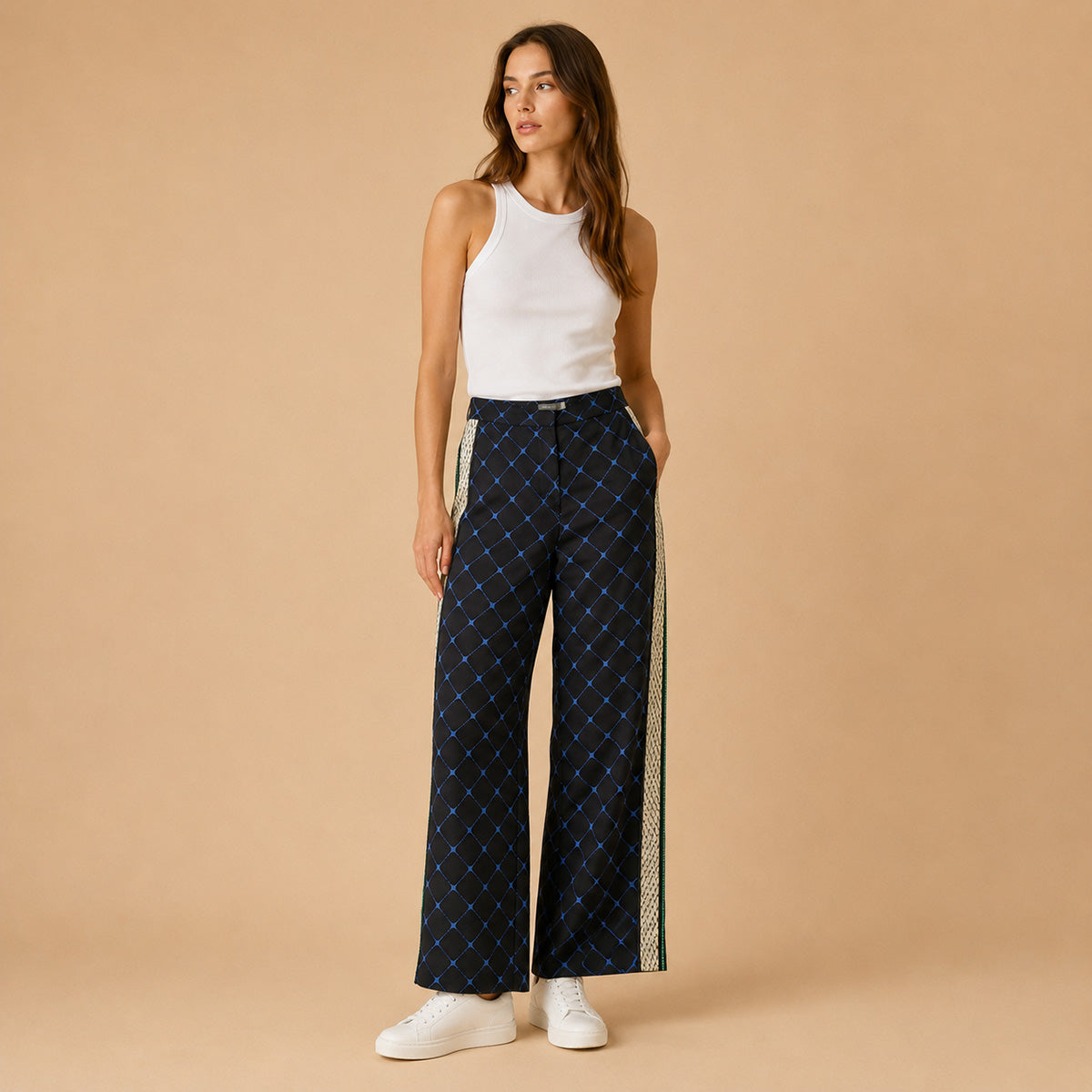 Mint Velvet Wide-Leg Trousers UK 12R Black Blue Geometric
