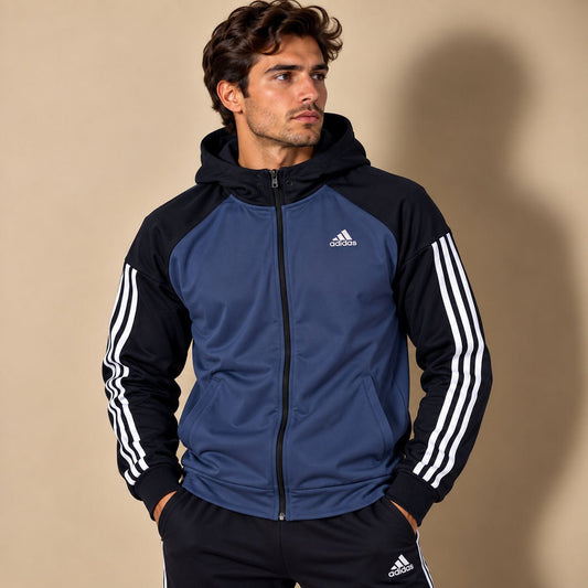 adidas Men's Hoodie Medium Navy Blue Black Striped Polyester – Sweater & Hoodie product photo 1 | RewearableUK