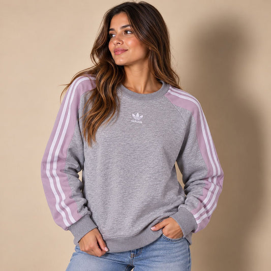 Adidas Women Sweatshirt UK 12 Grey Lilac Striped Embroidered Logo – Sweatshirt product photo 1 | RewearableUK