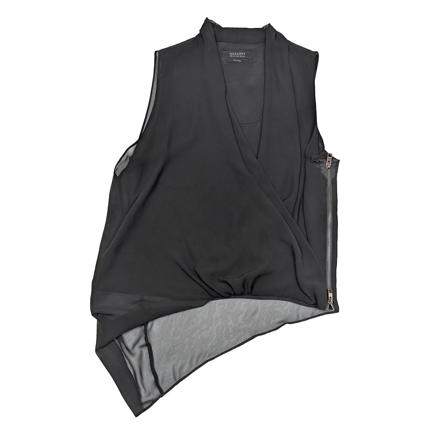 AllSaints 100% Silk Top UK 14 Black Sleeveless Asymmetric Zip Draped Blouse Vest by AllSaints – | RewearableUK