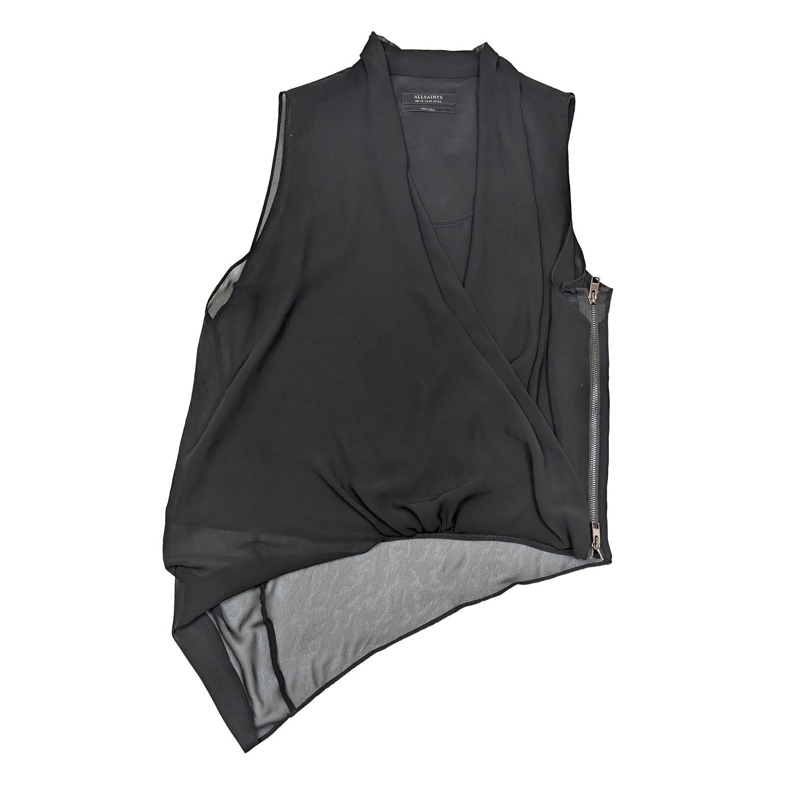 AllSaints 100% Silk Top UK 14 Black Sleeveless Asymmetric Zip Draped Blouse Vest by AllSaints – | RewearableUK