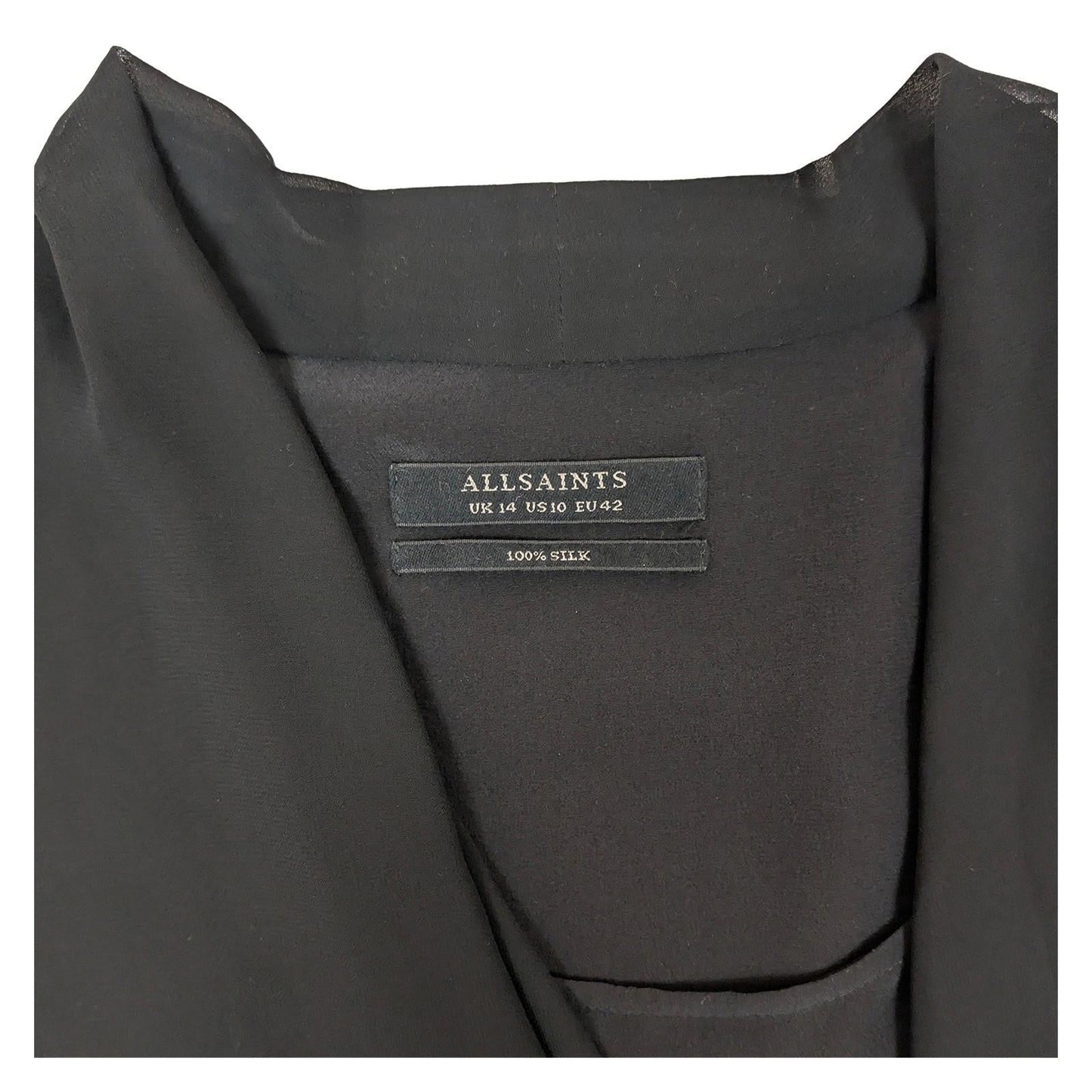 AllSaints 100% Silk Top UK 14 Black Sleeveless Asymmetric Zip Draped Blouse Vest by AllSaints – | RewearableUK