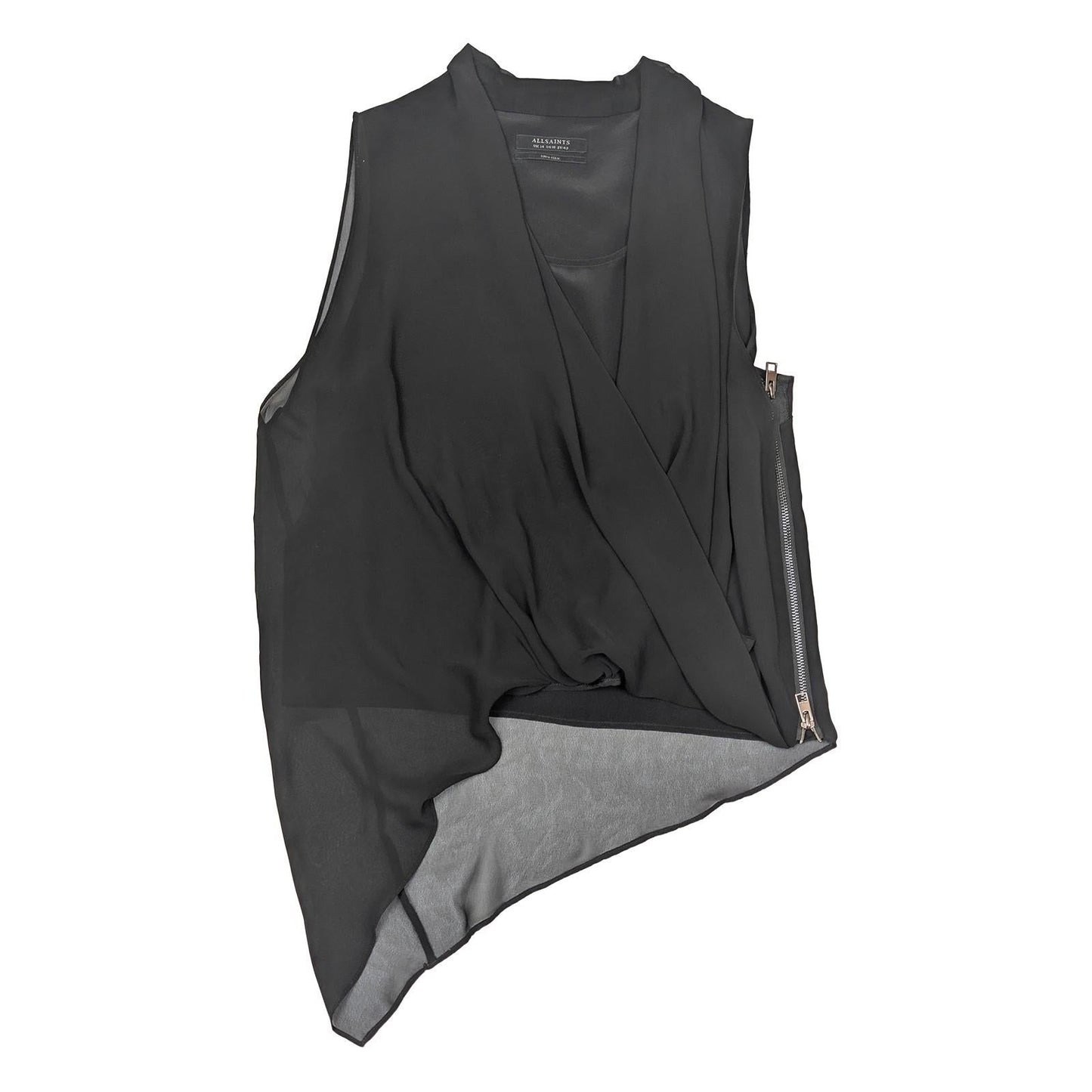 AllSaints 100% Silk Top UK 14 Black Sleeveless Asymmetric Zip Draped Blouse Vest by AllSaints – | RewearableUK
