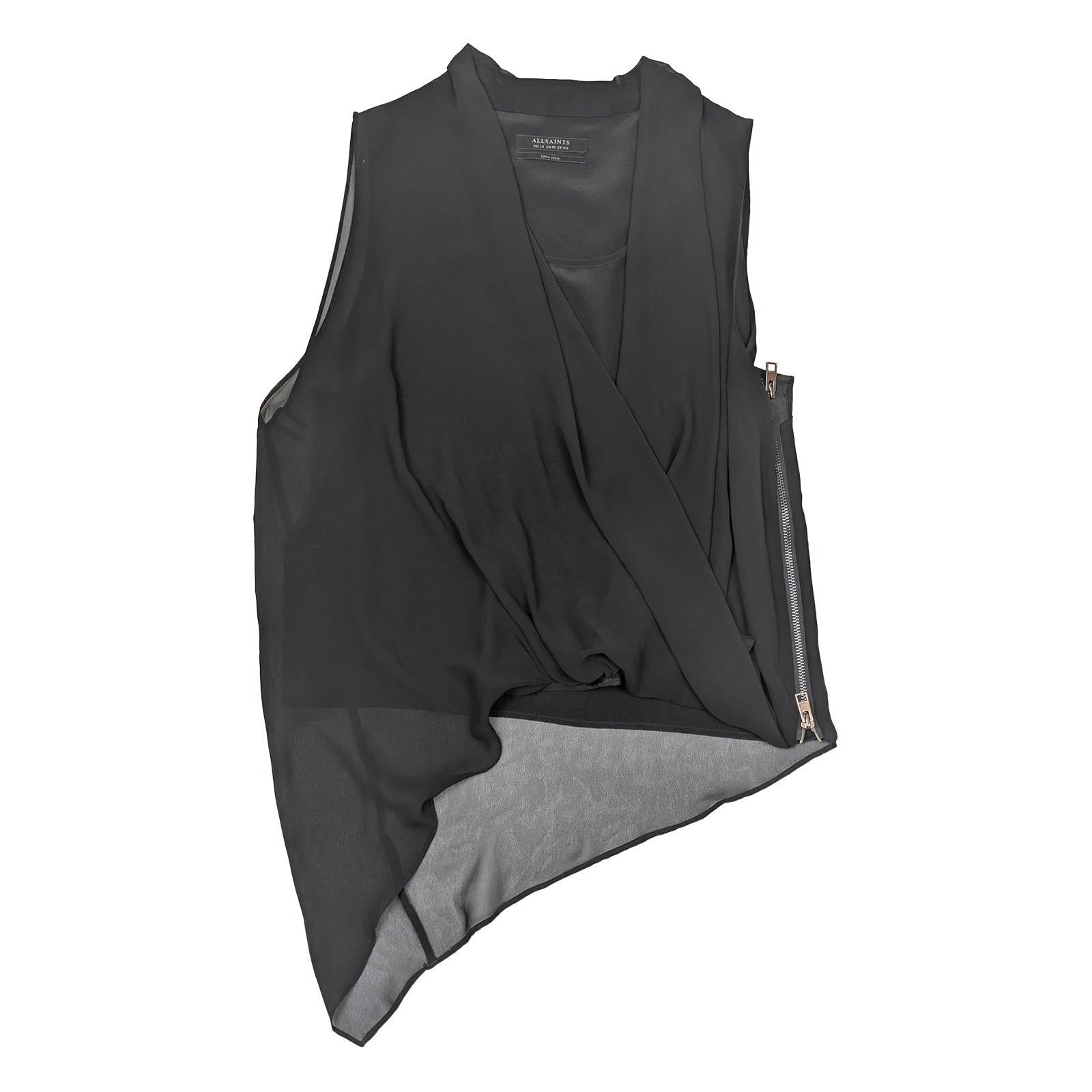 AllSaints 100% Silk Top UK 14 Black Sleeveless Asymmetric Zip Draped Blouse Vest by AllSaints – | RewearableUK