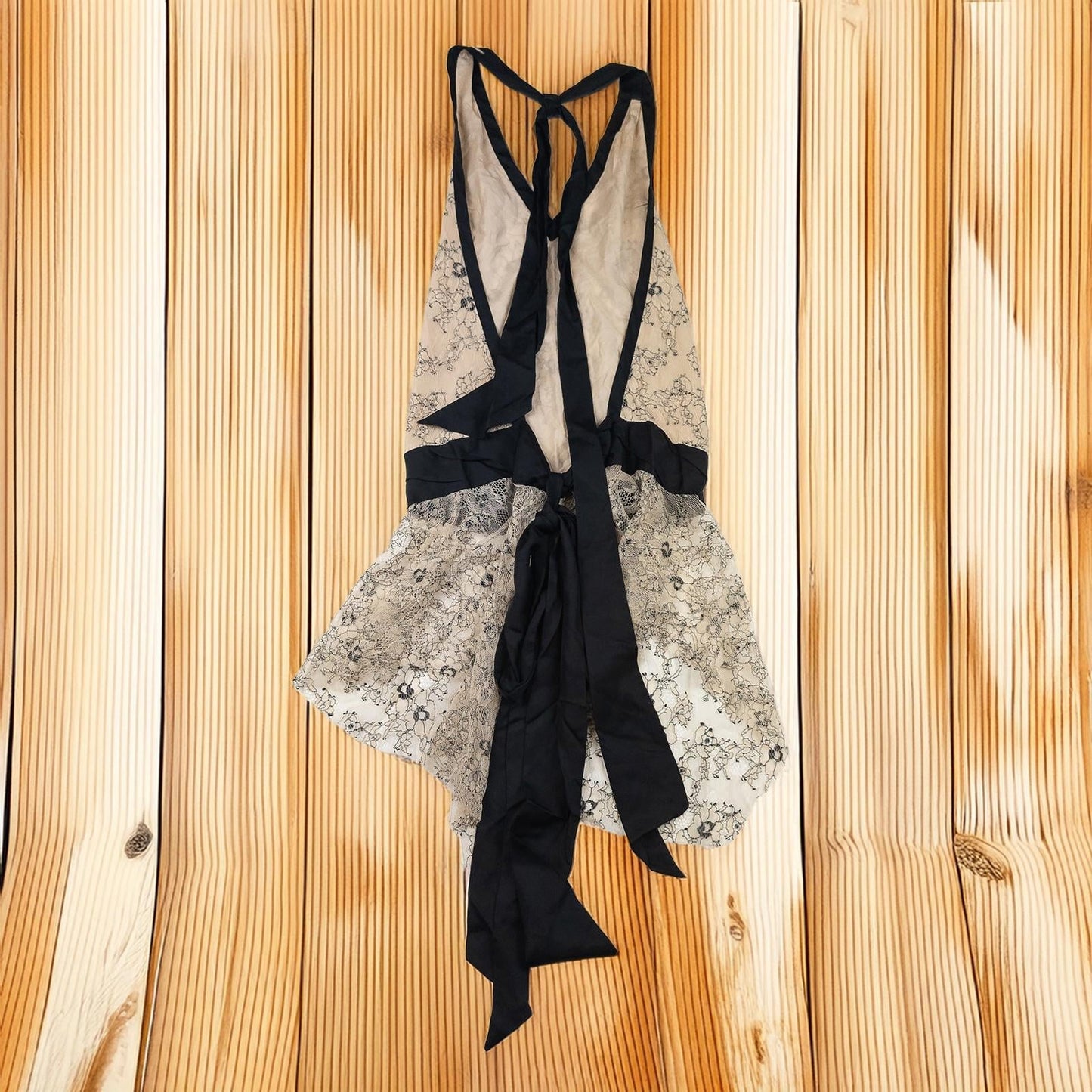 AllSaints Lace Top UK 10 Nude Black Ribbon Tie Back Grunge Fairycore Vest Cami by AllSaints – | RewearableUK