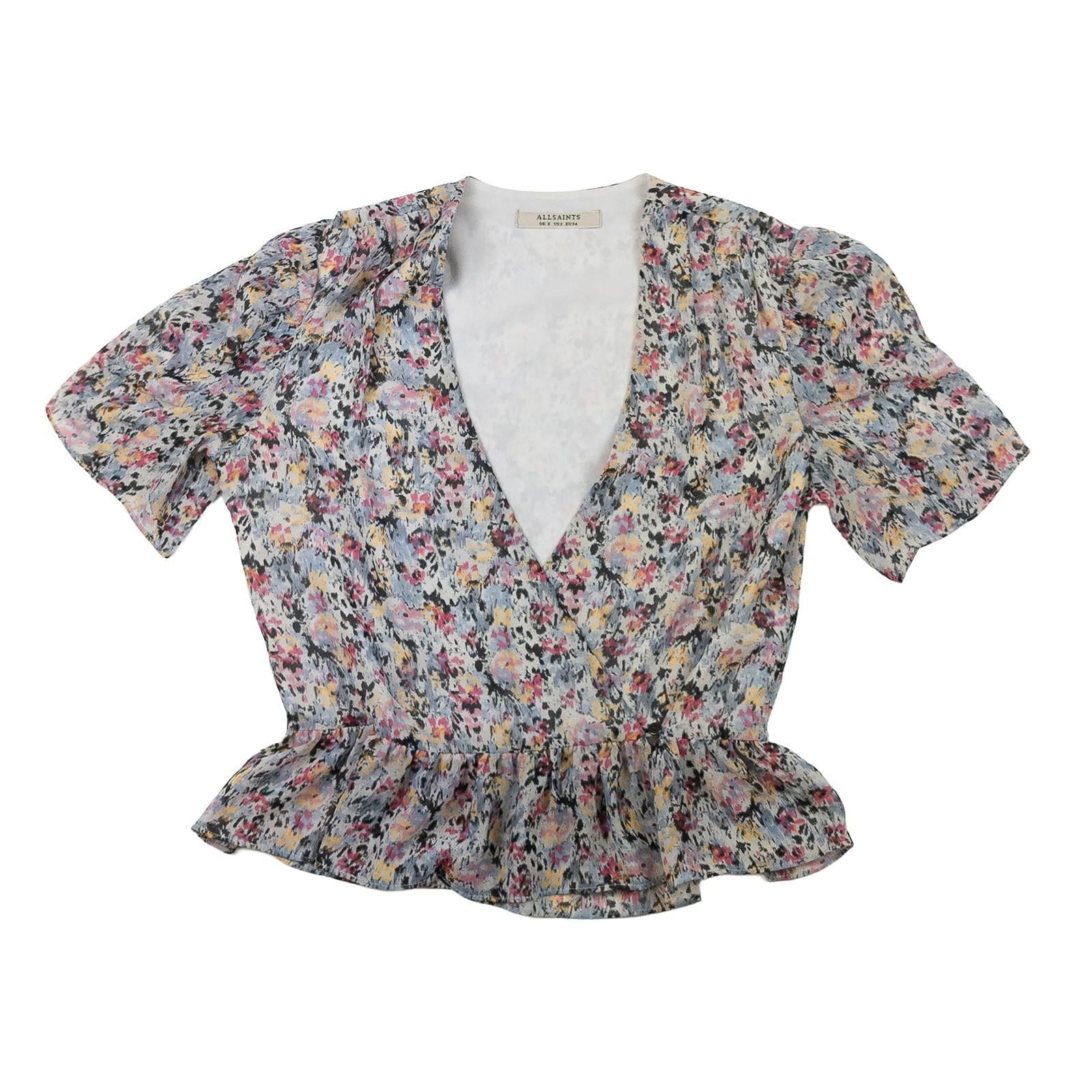 AllSaints Woman Floral Top Size UK 6 Ilia Sketch V - Neck Peplum Short Sleeve Shee by AllSaints – | RewearableUK