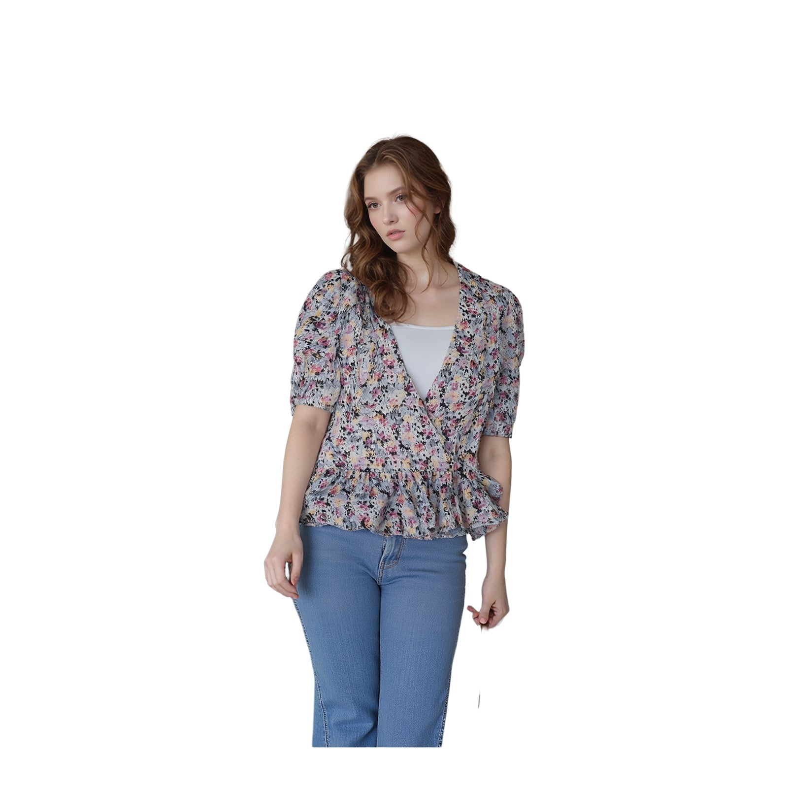 AllSaints Woman Floral Top Size UK 6 Ilia Sketch V - Neck Peplum Short Sleeve Shee by AllSaints – blouse | RewearableUK