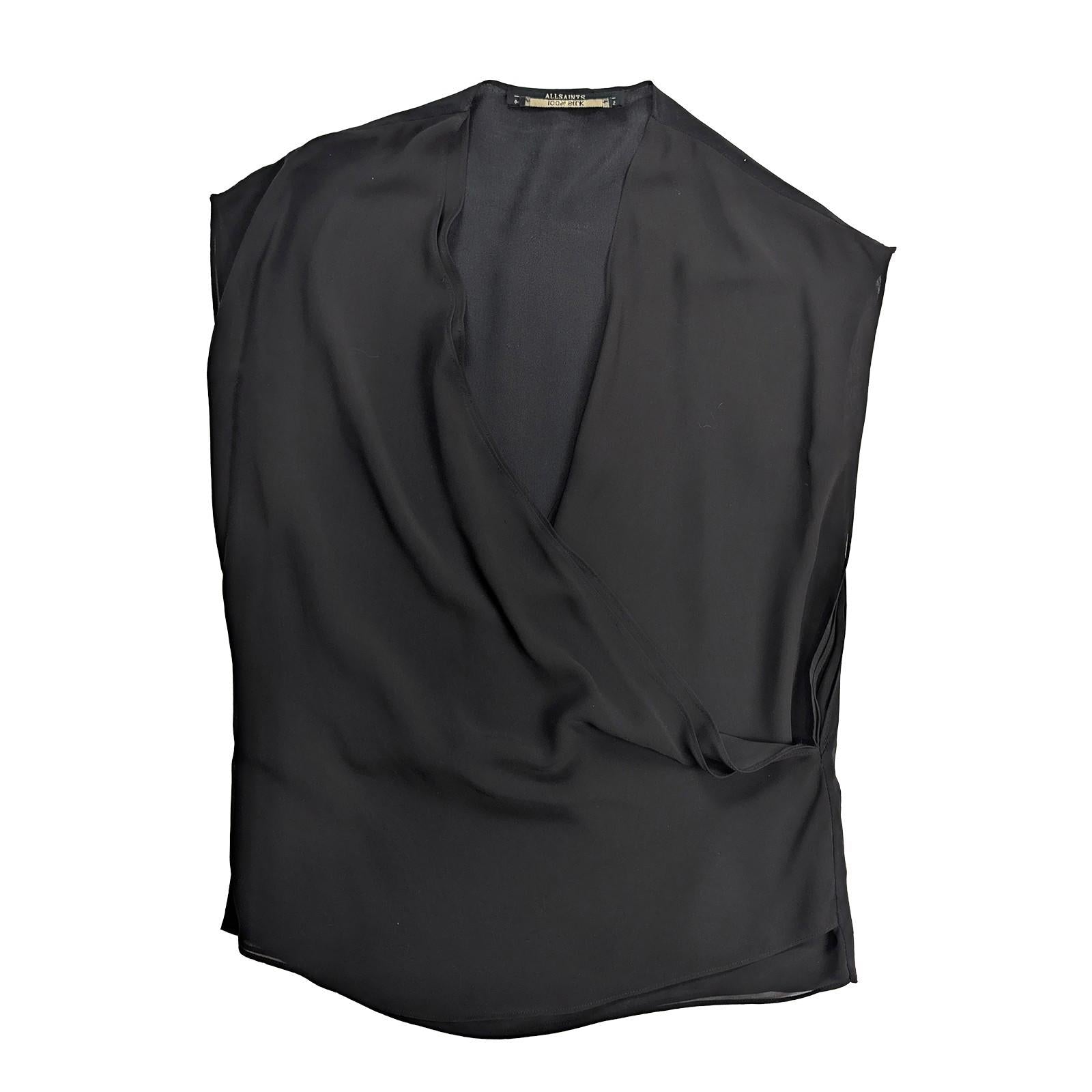 AllSaints Women Top Size 2 Black 100% Silk Draped Wrap V - Neck Sleeveless by AllSaints – blouse | RewearableUK