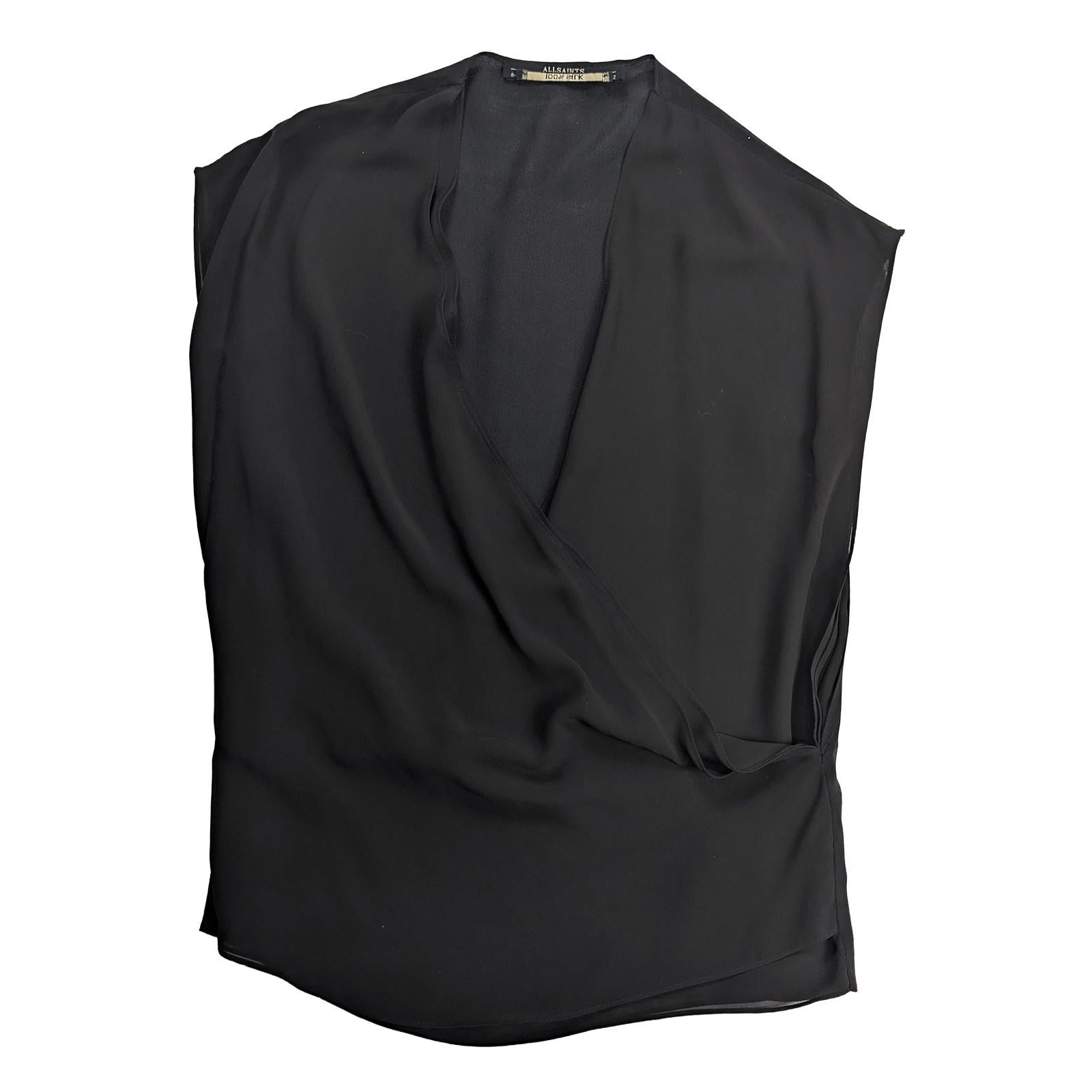 AllSaints Women Top Size 2 Black 100% Silk Draped Wrap V - Neck Sleeveless by AllSaints – blouse | RewearableUK
