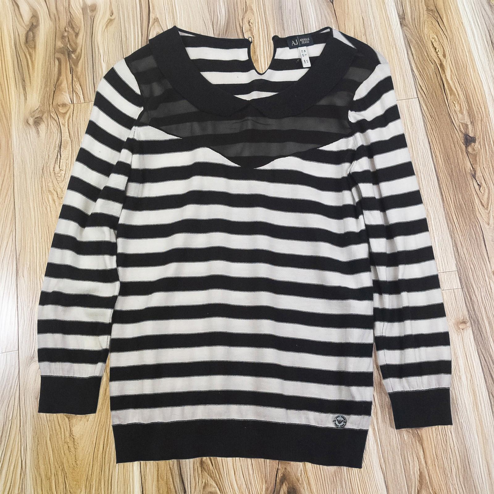 Armani Jeans Jumper UK 8 (IT 40) Black White Striped Mesh Panel Cotton Top by Armani Jeans – | RewearableUK