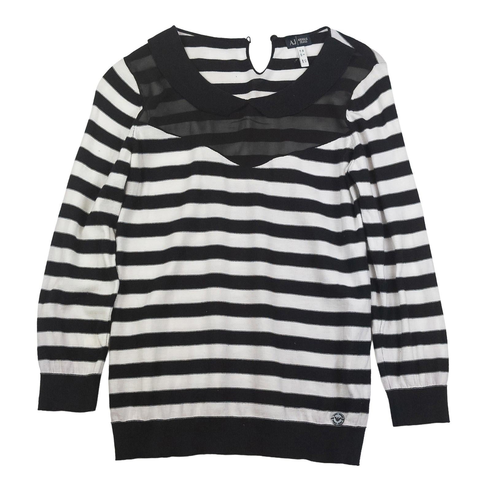 Armani Jeans Jumper UK 8 (IT 40) Black White Striped Mesh Panel Cotton Top by Armani Jeans – | RewearableUK