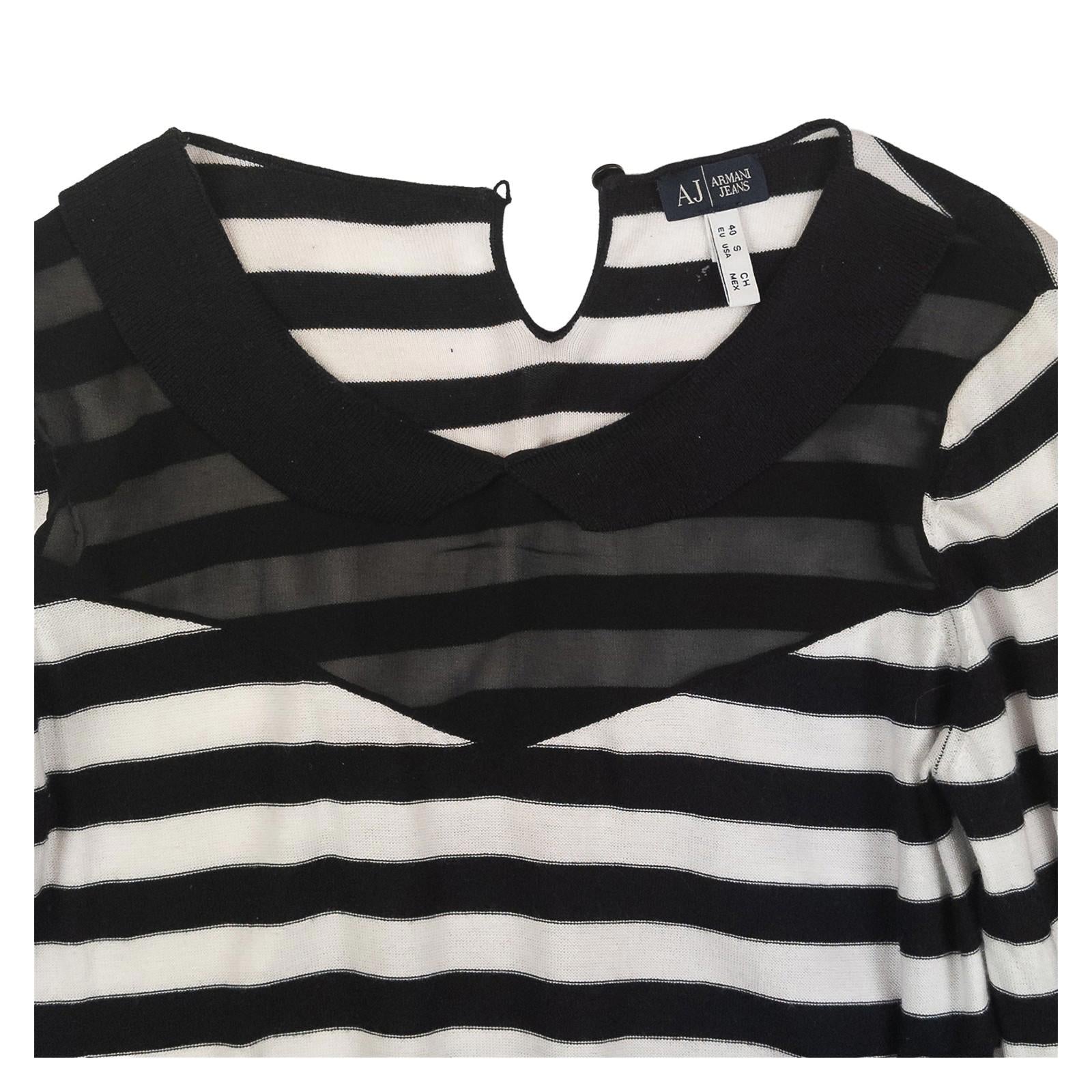 Armani Jeans Jumper UK 8 (IT 40) Black White Striped Mesh Panel Cotton Top by Armani Jeans – | RewearableUK