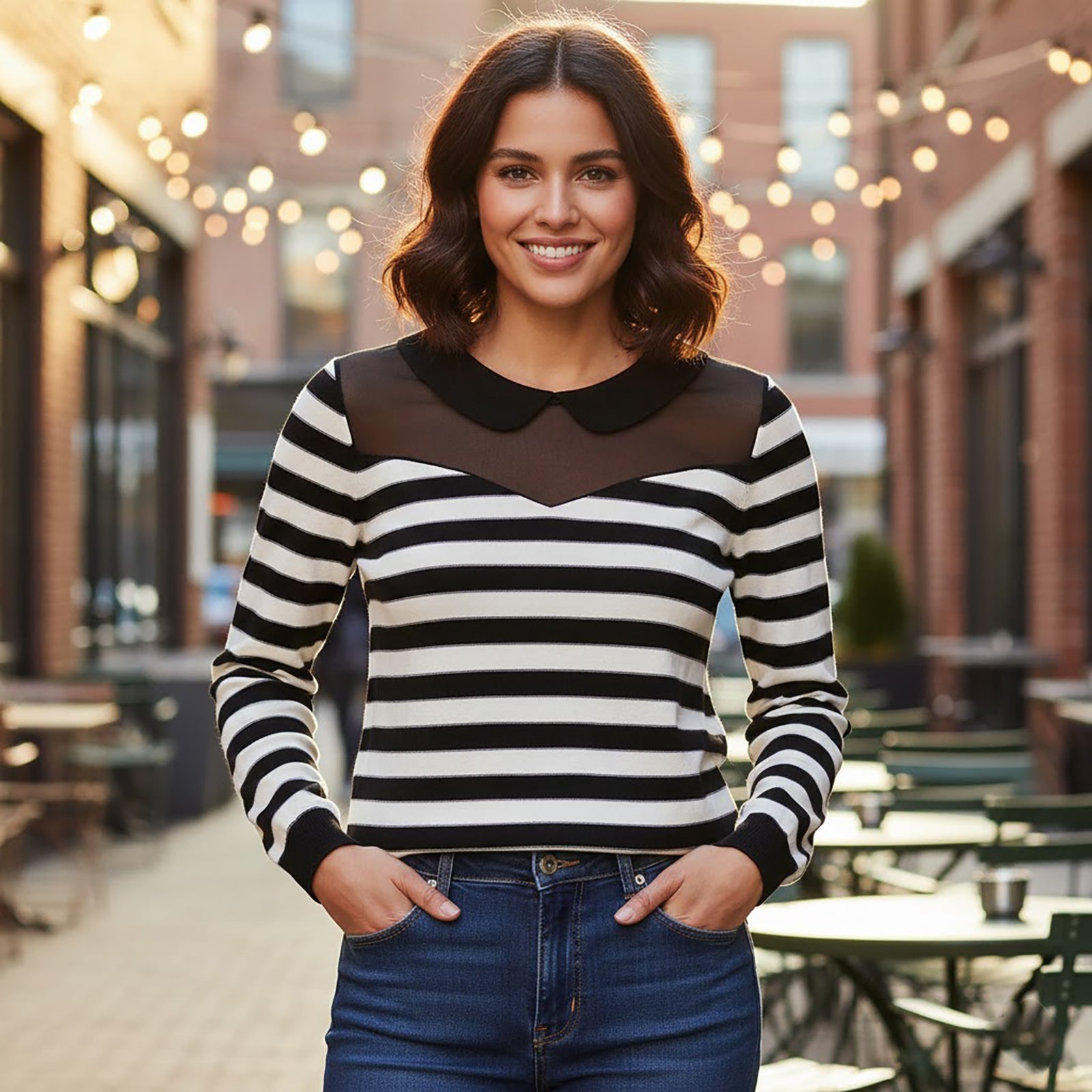 Armani Jeans Striped Mesh Panel Jumper Black White | Women's UK 8 (IT 40) by Armani Jeans – blouse | RewearableUK