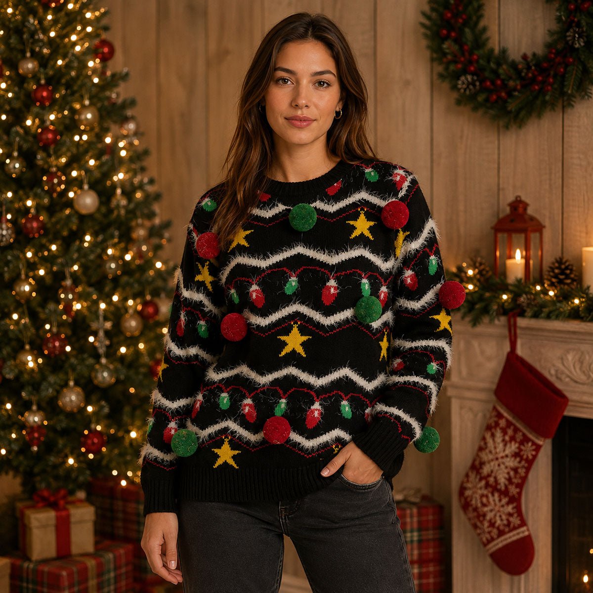 ASVP Shop Christmas Jumper M Black 3D Pom-Poms Lights – Christmas Jumper product photo 1 | RewearableUK