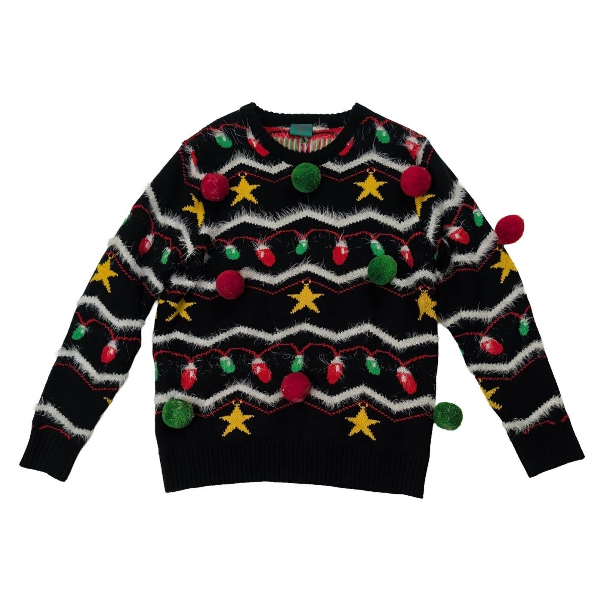 ASVP Shop Womens Christmas Jumper M Black 3D Pom Poms Lights Stars – product photo 1 | RewearableUK