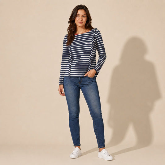 Boden Breton Ruffle Top UK 12 Navy White Stripe – product photo 1 | RewearableUK