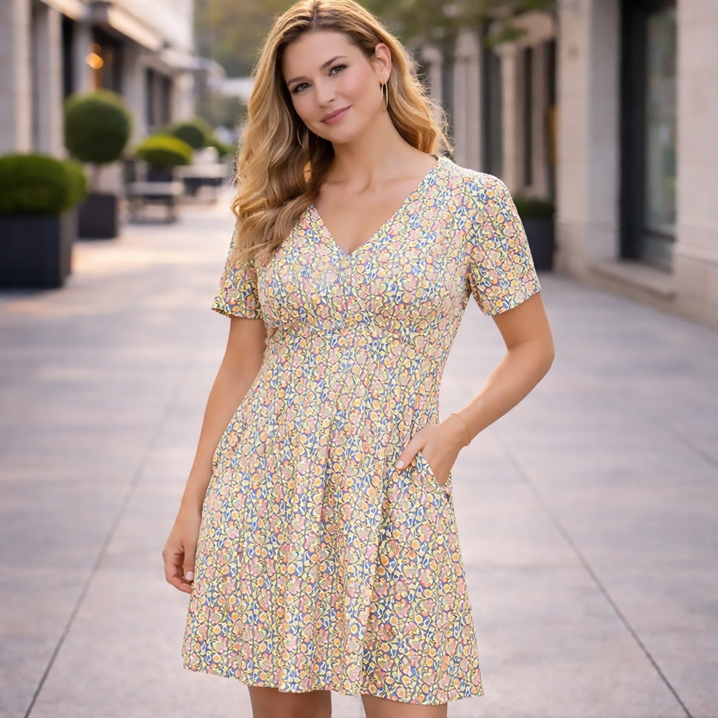 Boden Floral Dress Blue V Neck Fit Flare UK 16 Summer Viscose by Boden – DRESSING | RewearableUK