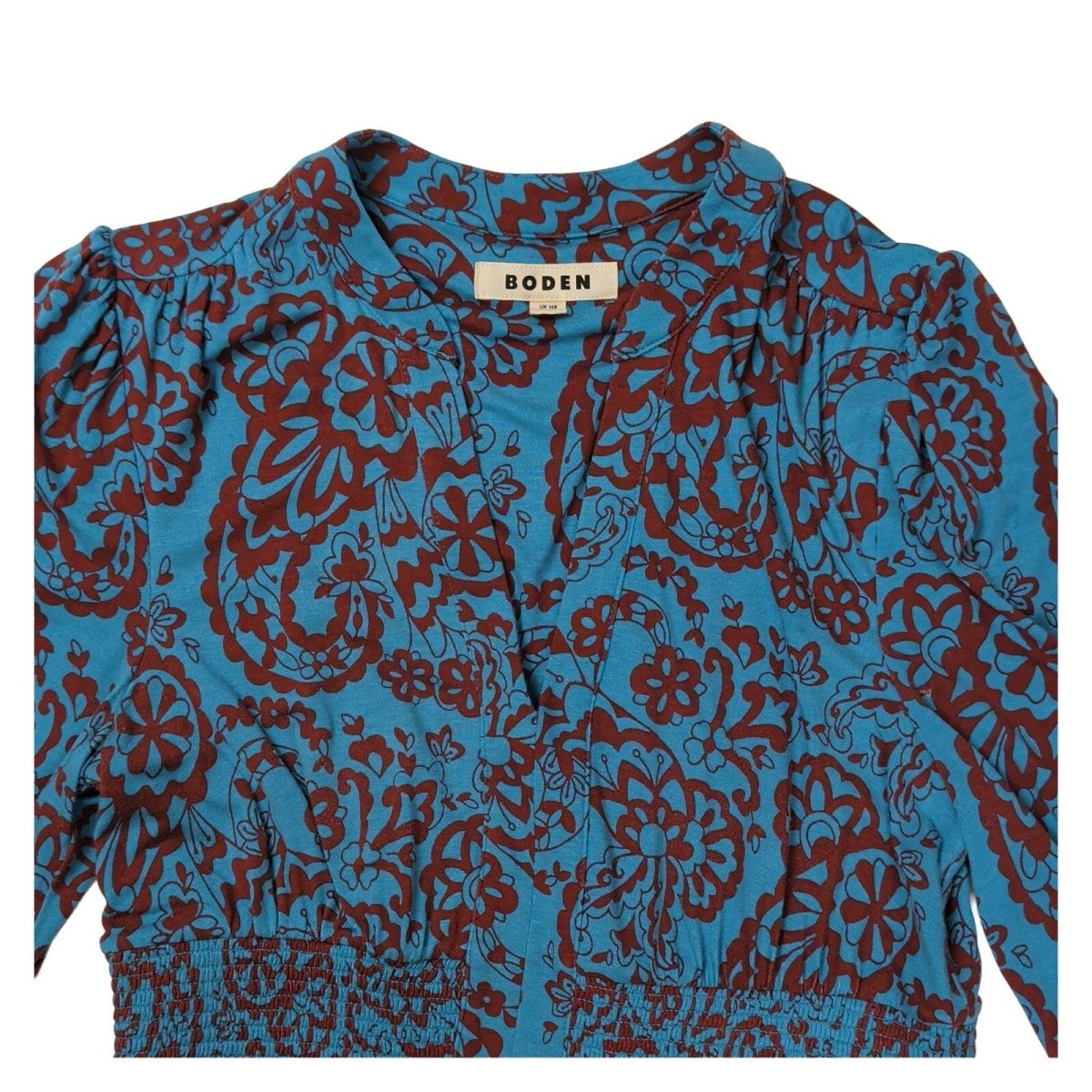 Boden Ivy Smocked Midi Dress UK 14R Blue Paisley EcoVero Jersey D1034 – product photo 2 | RewearableUK