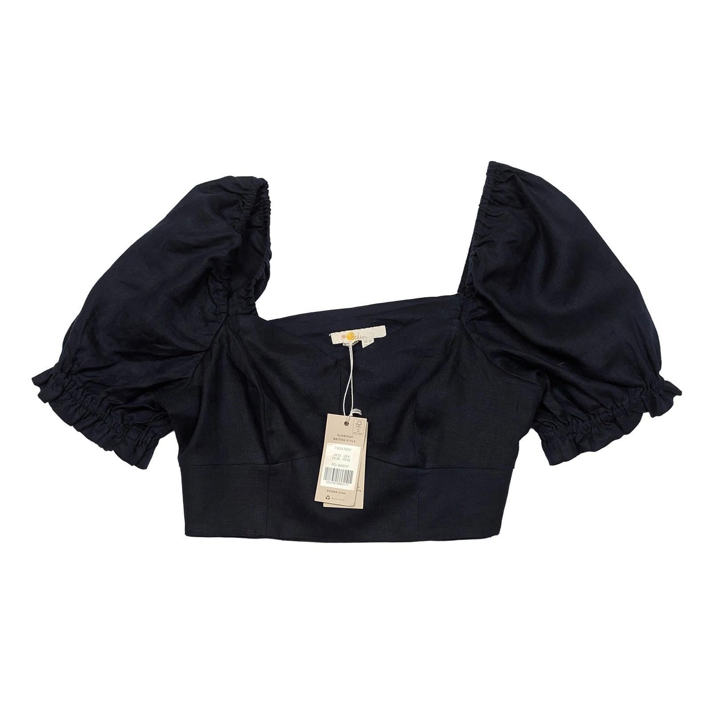 Boden Linen Crop Top UK 10 Navy Blue Sweetheart Neck Puff Sleeve Blouse BNWT by Boden – | RewearableUK