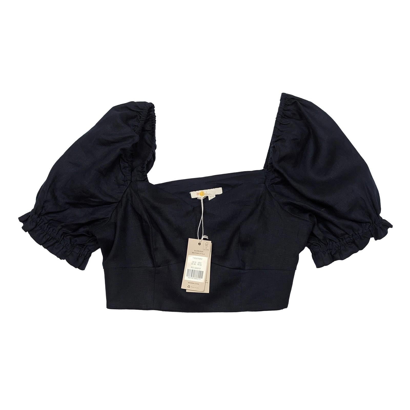 Boden Linen Crop Top UK 10 Navy Blue Sweetheart Neck Puff Sleeve Blouse BNWT by Boden – | RewearableUK