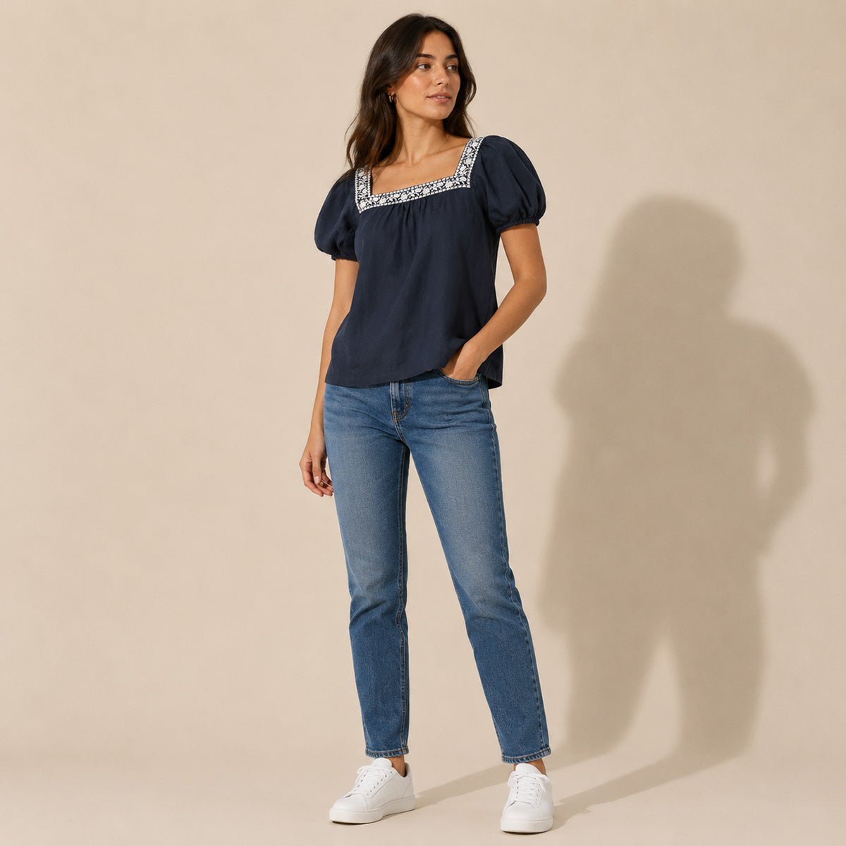 Boden Linen Embroidered Blouse UK 12 Navy Square Neck – product photo 1 | RewearableUK