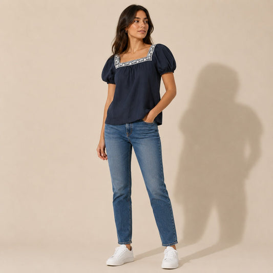 Boden Linen Embroidered Blouse UK 12 Navy Square Neck – product photo 1 | RewearableUK