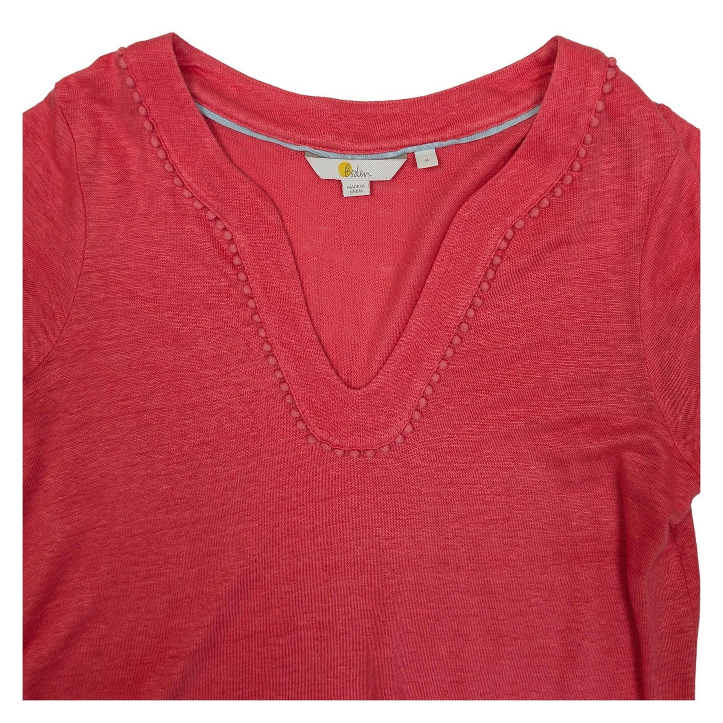 Boden Pink Linen T-Shirt Size M Pom Pom Trim V - Neck Short Sleeve Summer Top by Boden – | RewearableUK
