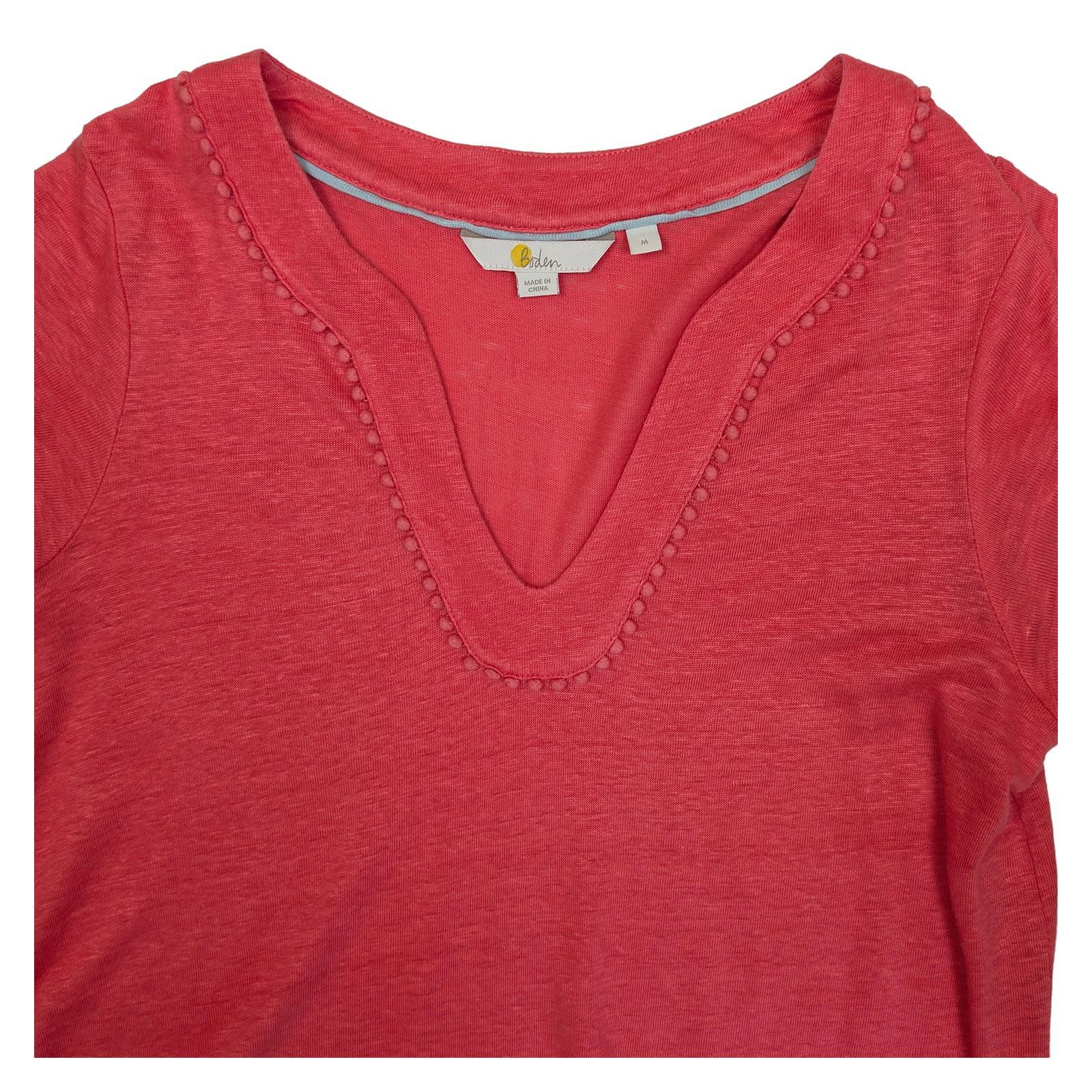 Boden Pink Linen T-Shirt Size M Pom Pom Trim V - Neck Short Sleeve Summer Top by Boden – | RewearableUK