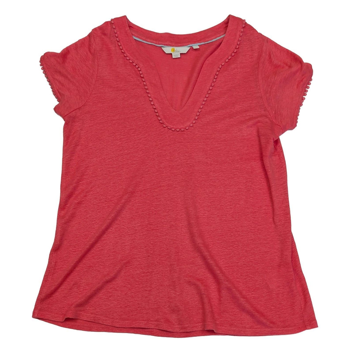 Boden Pink Linen T-Shirt Size M Pom Pom Trim V - Neck Short Sleeve Summer Top by Boden – | RewearableUK