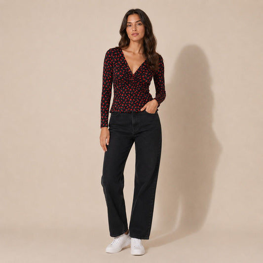 Boden Ponte Twist Front Top UK 10 Black Red Floral – Top product photo 1 | RewearableUK