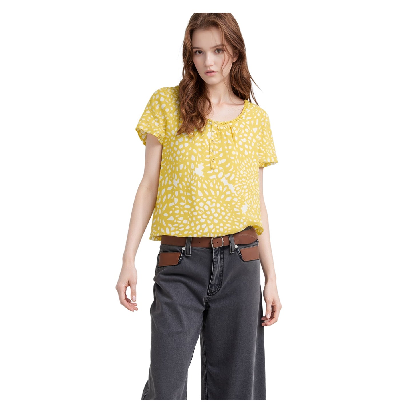 Boden Printed Cotton Henley Top Yellow | Women's UK 14 NWOT by Boden – blouse | RewearableUK