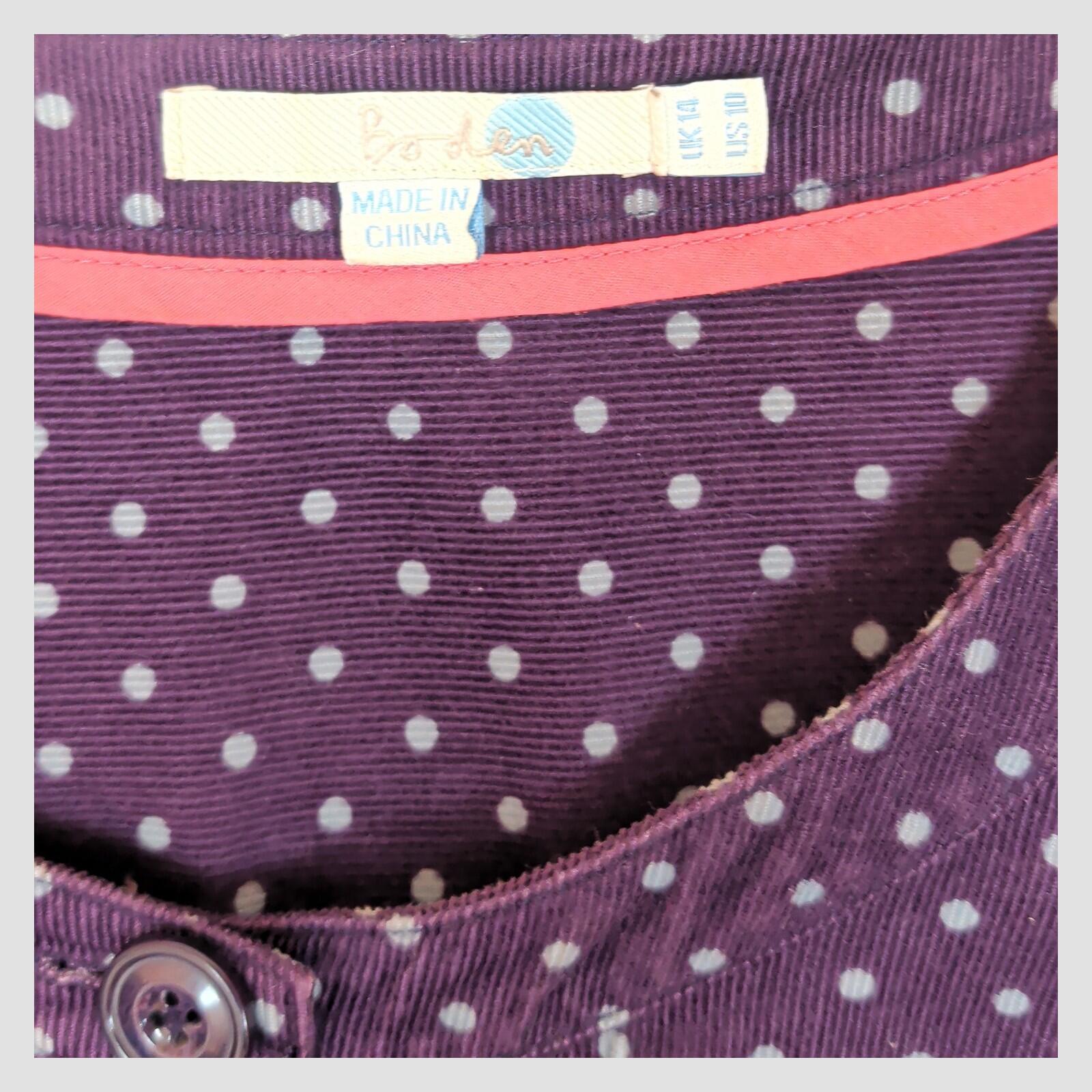 Boden Purple Polka Dot Corduroy Tunic Dress 3/4 Sleeve Pockets Womens UK 14 by Boden – | RewearableUK