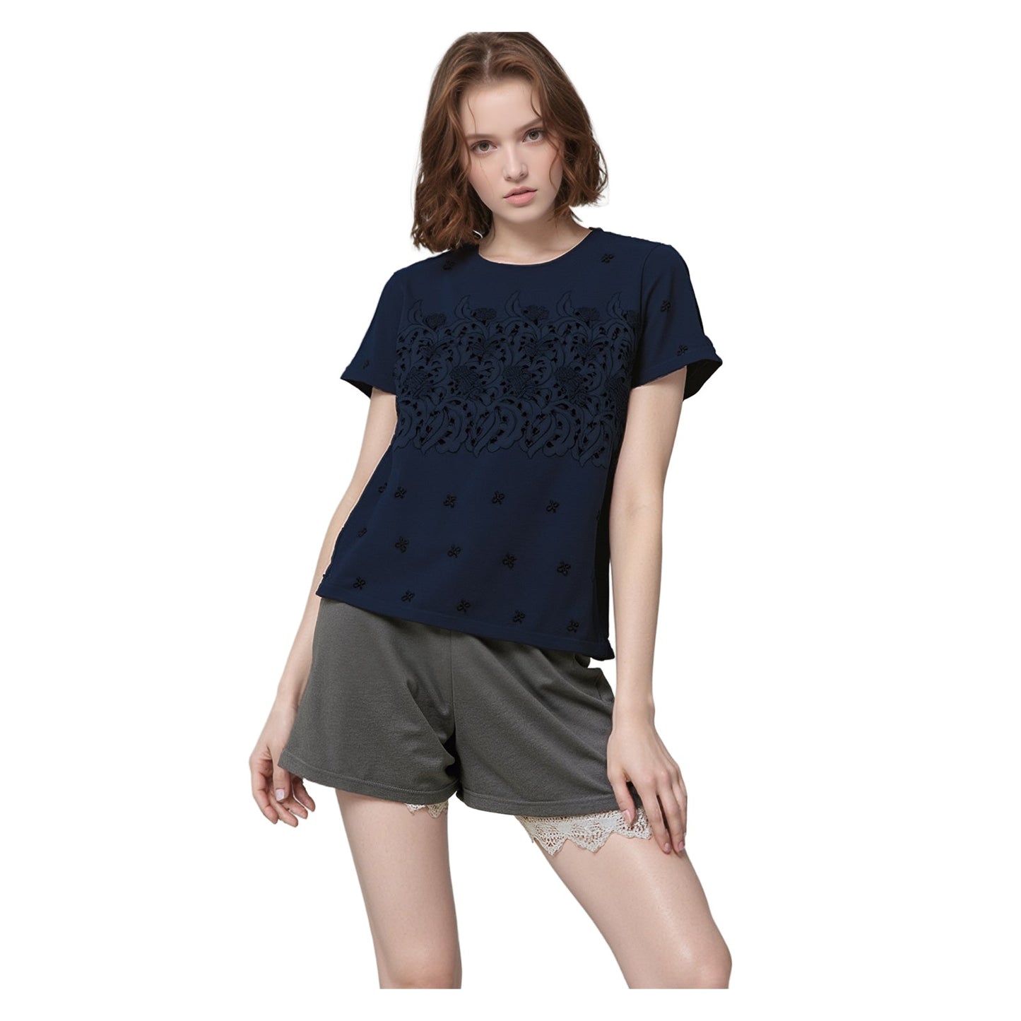 Boden Top UK 12 Navy Blue Embroidered Cutwork Short Sleeve Blouse by Boden – blouse | RewearableUK