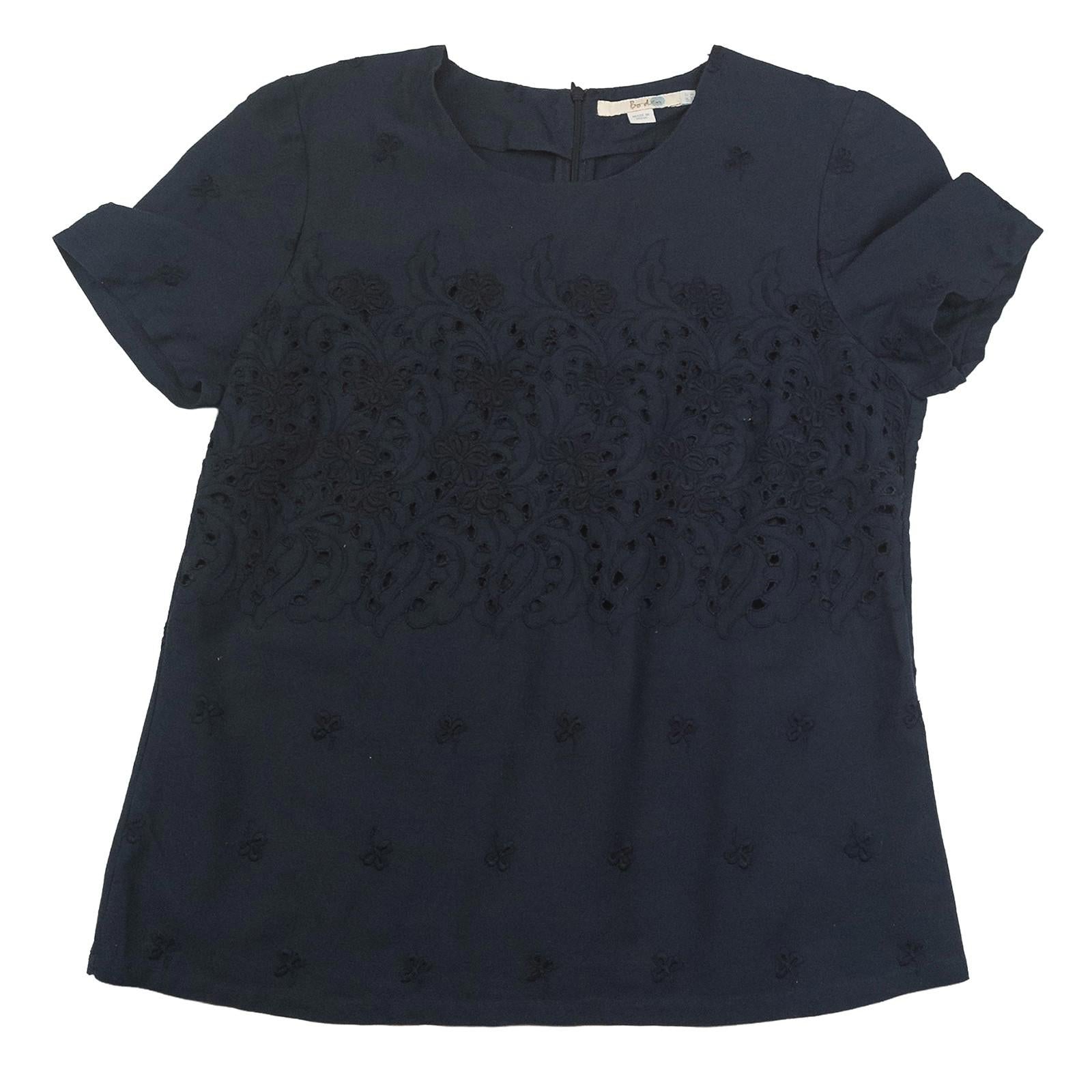 Boden Top UK 12 Navy Blue Embroidered Cutwork Short Sleeve Blouse by Boden – | RewearableUK