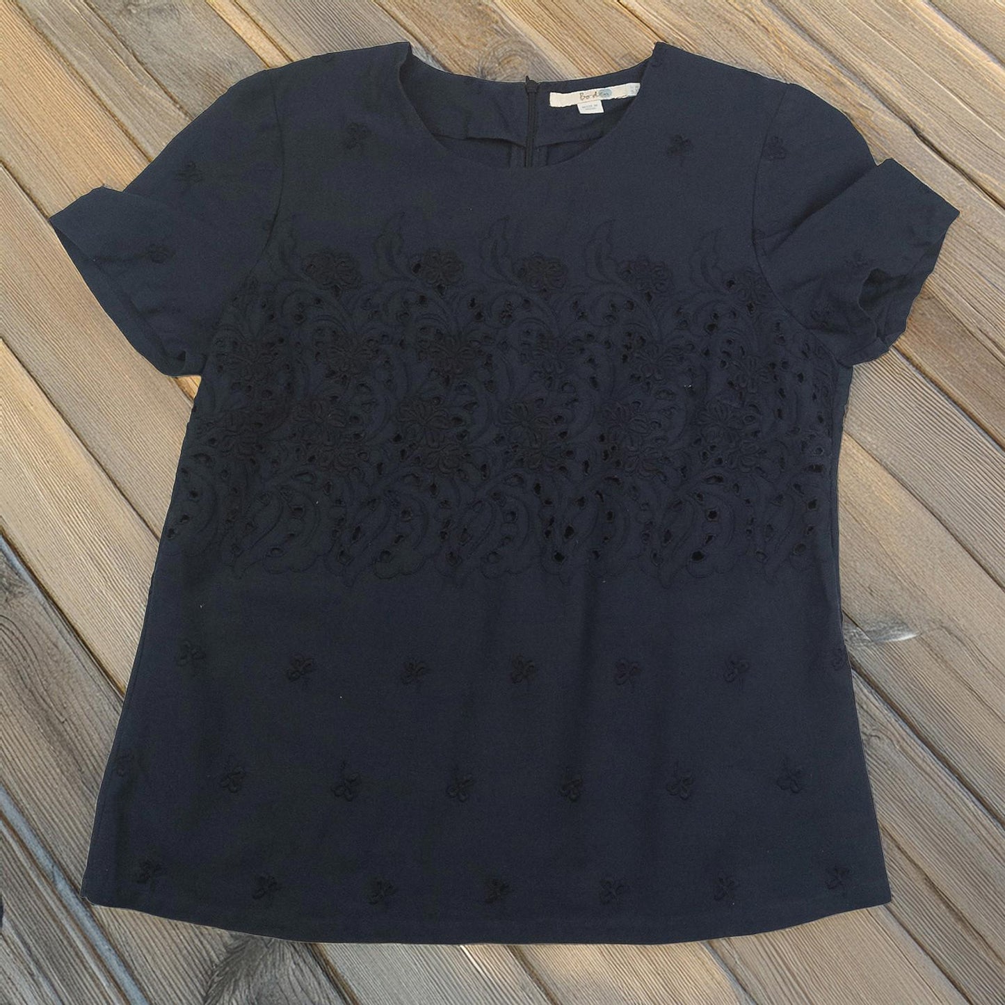 Boden Top UK 12 Navy Blue Embroidered Cutwork Short Sleeve Blouse by Boden – | RewearableUK