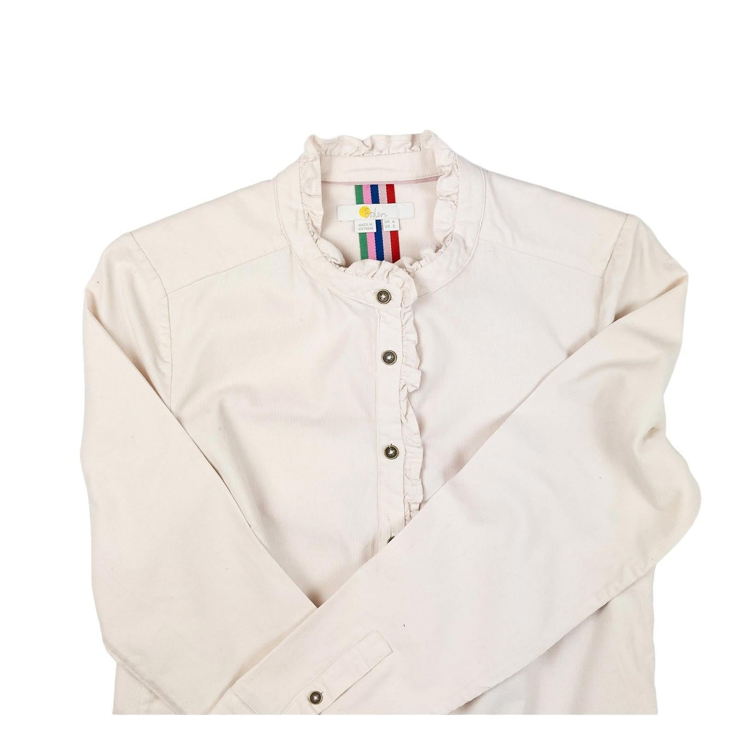 Boden Woman Cream Corduroy Shirt Size UK 6 Needlecord Ruffle Trim Cotton Top by Boden – | RewearableUK