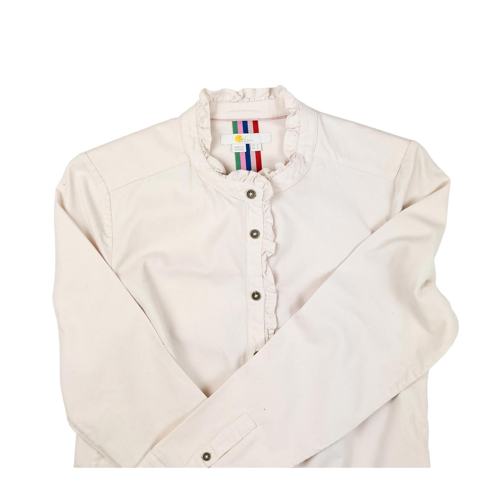 Boden Woman Cream Corduroy Shirt Size UK 6 Needlecord Ruffle Trim Cotton Top by Boden – | RewearableUK