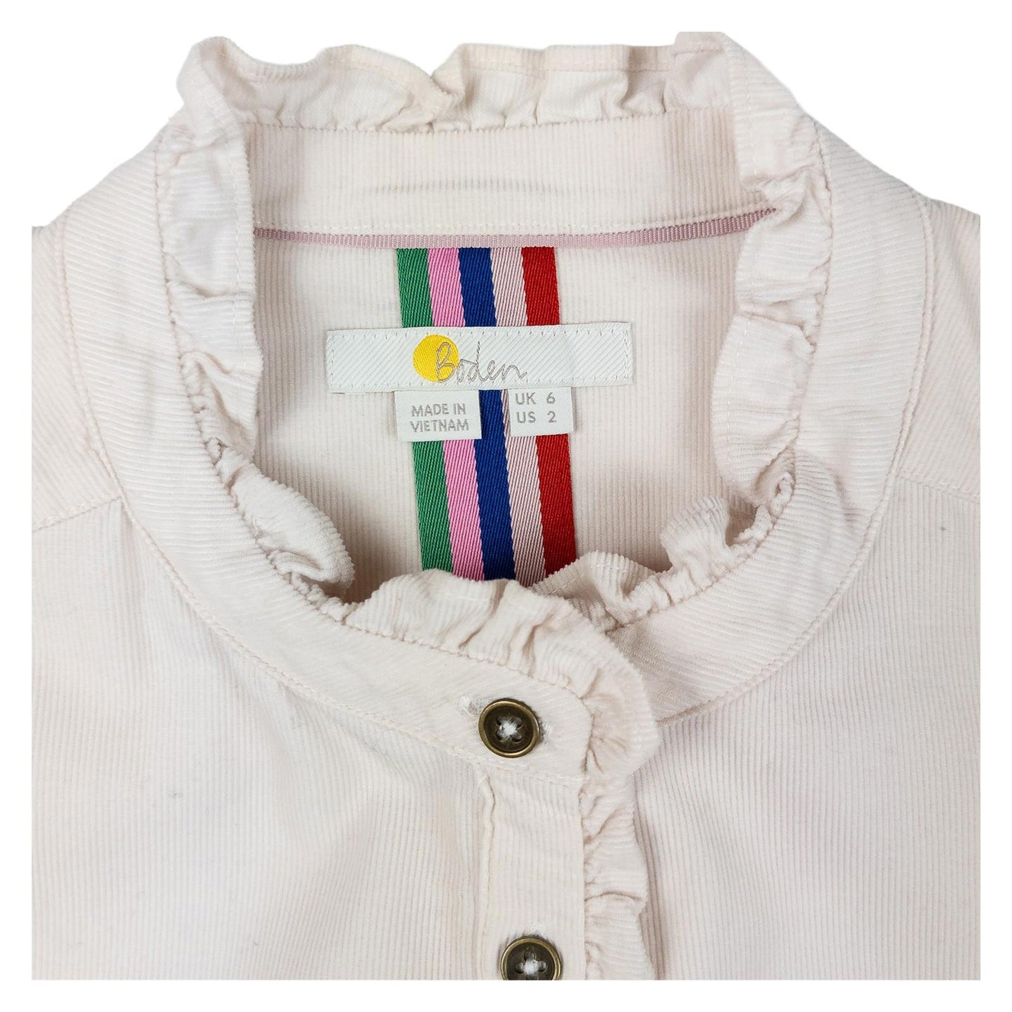 Boden Woman Cream Corduroy Shirt Size UK 6 Needlecord Ruffle Trim Cotton Top by Boden – | RewearableUK