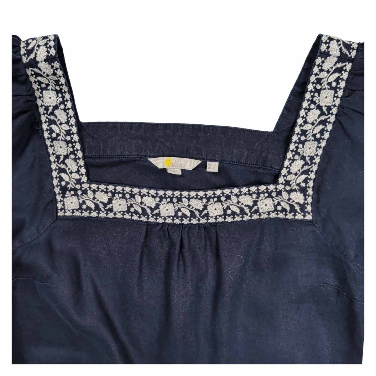 Boden Womens 100% Linen Blouse UK 12 Navy Embroidered Square Neck Puff Sleeve – product photo 2 | RewearableUK