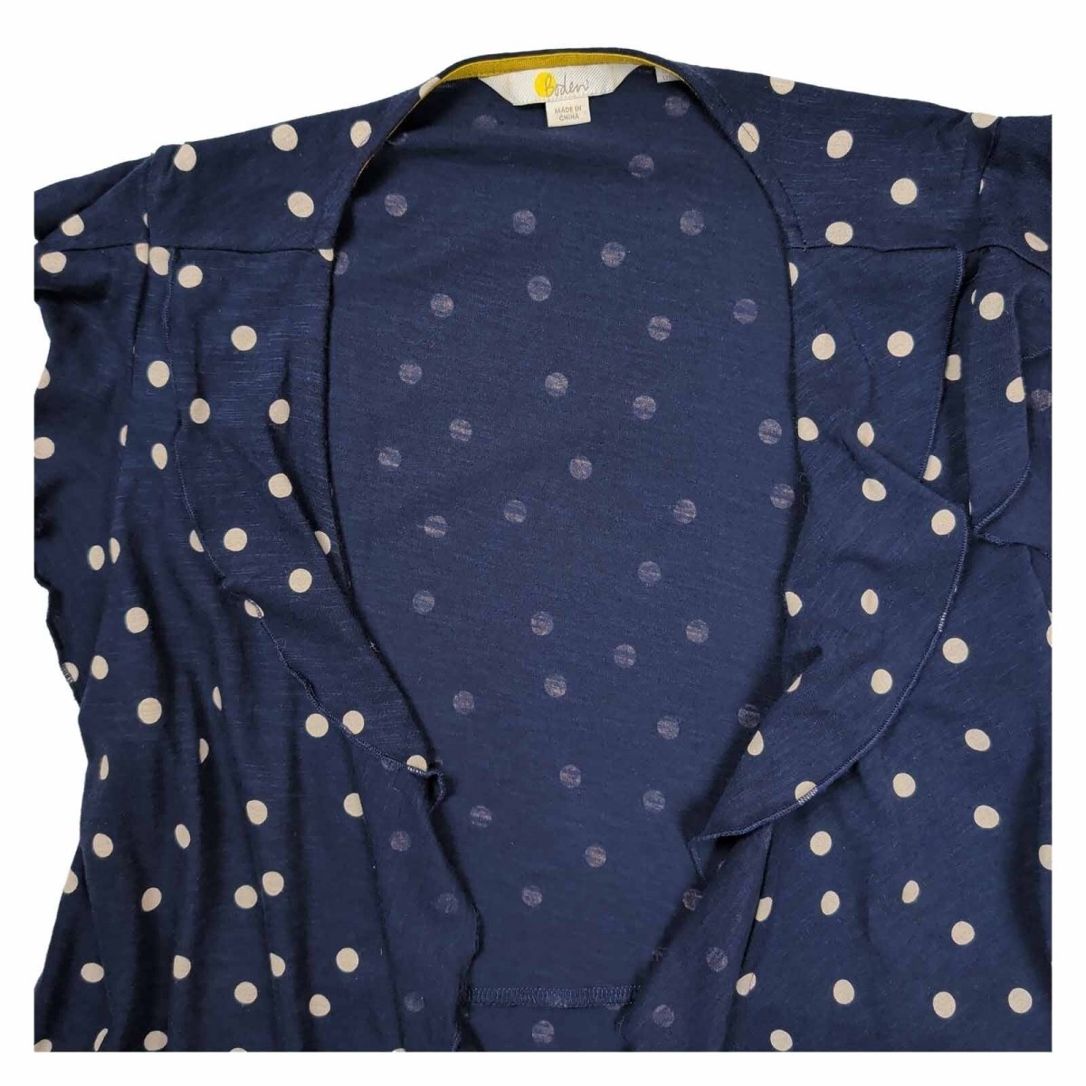 Boden Womens Wrap Top UK 14 Navy Cream Polka Dot Ruffle Sleeveless Tie Waist – product photo 2 | RewearableUK