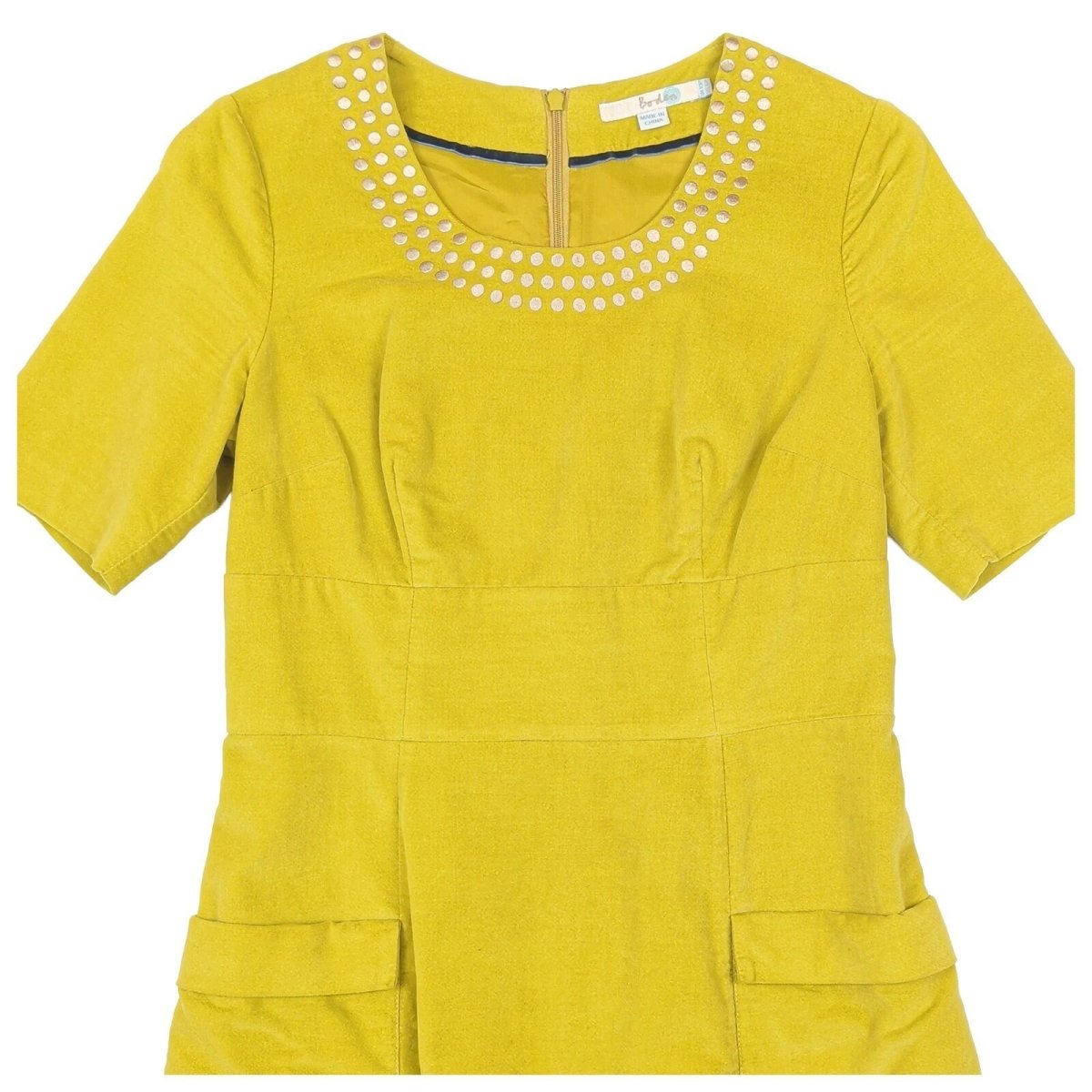 Boden Womens Yellow Cotton Dress UK 8 US 4 Embellished Neck Pockets by Boden – | RewearableUK