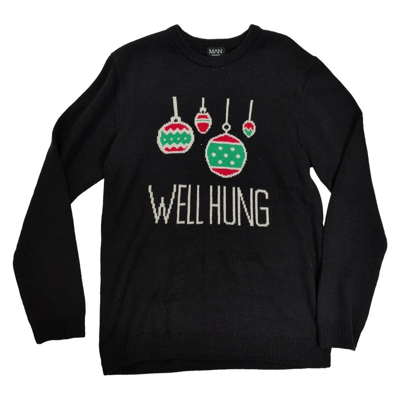 boohooMAN Men's Well Hung Christmas Jumper 3XL Black Novelty Knit – Christmas Jumper product photo 1 | RewearableUK
