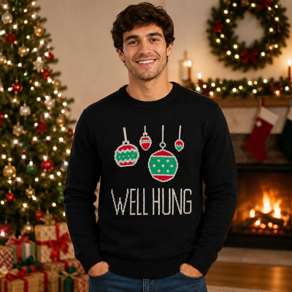 boohooMAN Men's Well Hung Christmas Jumper 3XL Black Novelty Knit – Christmas Jumper product photo 1 | RewearableUK